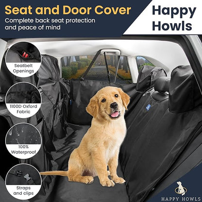 Happy Howls Dog Car Seat Cover - Waterproof Back Seat Cover for Dogs - Headrest & Door Panel Protector - 1100D Fabric with Mesh Window, Zippered Side Flaps, Non-Slip Bottom - 55x67, Universal Fit