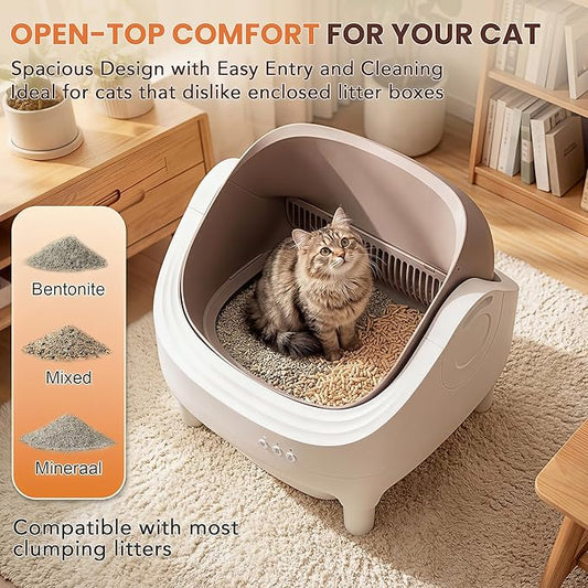 Self Cleaning Cat Litter Box, Greesum Automatic Open-Top Smart Litter Box with App Control, 15L Odor-Sealed Waste Bin, Quiet 35dB, Safety Sensors for Large Cats & Multi-Cat Homes