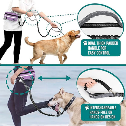 PetAmi Hands Free Dog Leash, Dog Running Leash Belt for Walking Jogging, Dog Waist Zipper Pouch Fanny Pack with Poop Bag Dispenser, Dual Padded Handle Bungee Leash for Small Medium Large Dogs, Single