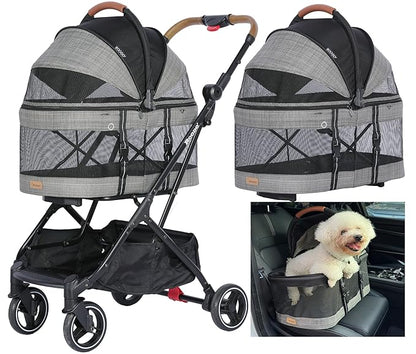 ROODO 2026 Upgraded Version 3-in-1 Dog Cat Stroller with Detachable Carrier Folding Lightweight Portable Travel Pet Gear All-Terrain Puppy Doggie Kitty Bunny Stroller for 35 lbs(Grey Lattice)