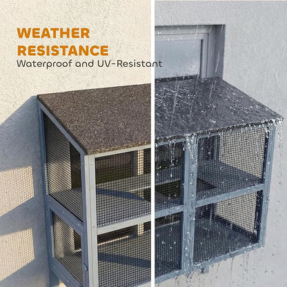 PawHut Cat Catio, Expandable Window Box Enclosure for Multiple Indoor Cats, Comfortable Wooden Pet Perch House, All Weather Use, with 2 Doors, for Sunbathing, Napping, Overlooking, 39" L