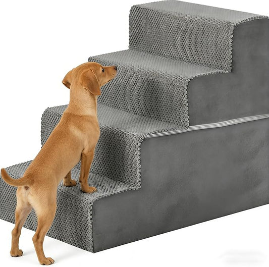 Simple Deluxe Dog Stairs for Small Dogs, 4-Step Dog Step for Puppy, Older Cat, Medium Pet Ramp for Sofa, Couch or Chair, Indoor Non-Slip Pet Ladder with High Density Foam, Gray