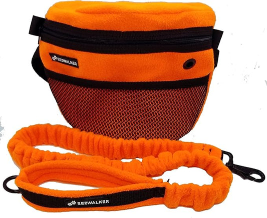 ActiveDogs Dog Handler Bag w/Bungee Leash, Water-Resistant Adjustable Treat Bag + Hands-Free 36"-52" Leash Combo - Orange Fleece