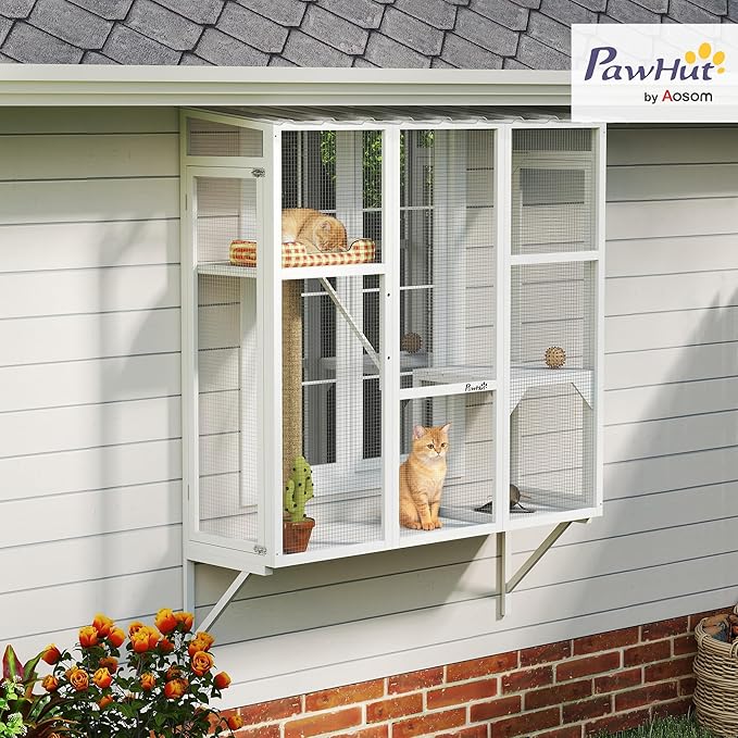 PawHut Outdoor Catio, Cat Window Catio Box Enclosure for 2-3 Large Indoor Cats with 2 Jumping Platforms, Scratching Post, for Playing, Sunbathing, Napping, Cat Window Perch for Enjoying Sights, White