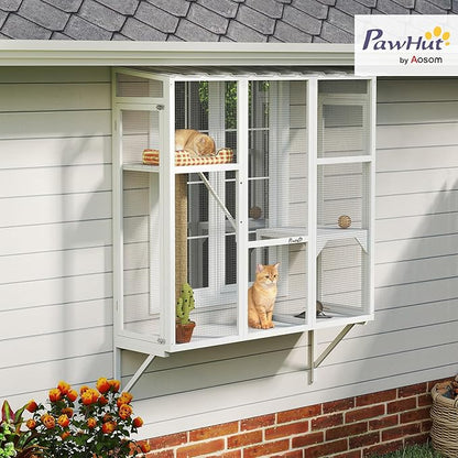 PawHut Outdoor Catio, Cat Window Catio Box Enclosure for 2-3 Large Indoor Cats with 2 Jumping Platforms, Scratching Post, for Playing, Sunbathing, Napping, Cat Window Perch for Enjoying Sights, White