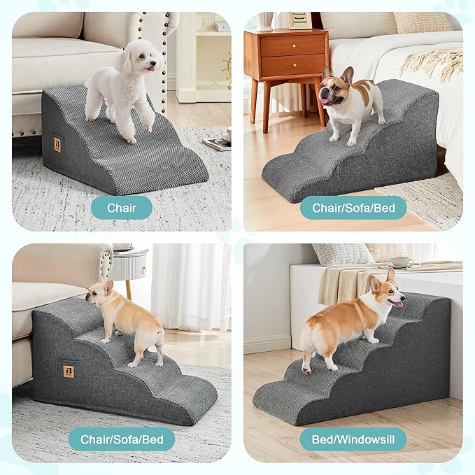IFNOW Dog Stairs for Small Dogs 15.7''H, 4-Step Sturdy Dog Steps for Bed, Couch, Sofa, Waterproof Pet Stairs for Older Cats, Puppy, Removable Washable Cover, Non-Slip Curved Pet Ramp Indoor, Grey