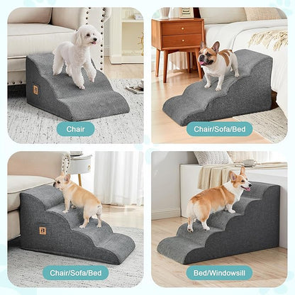 IFNOW Dog Stairs for Small Dogs 15.7''H, 4-Step Sturdy Dog Steps for Bed, Couch, Sofa, Waterproof Pet Stairs for Older Cats, Puppy, Removable Washable Cover, Non-Slip Curved Pet Ramp Indoor, Grey