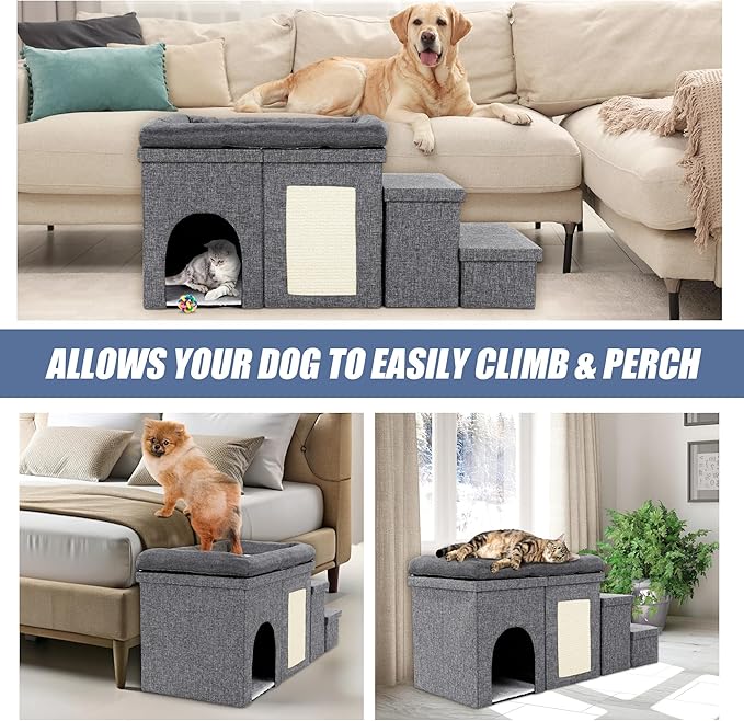 MABOZOO Window Perch, 3 Tiers 18''H Bedside Bed Stairs With Level Platform and Storage, Foldable Pet Stairs for Bed and Couch, Steps for Small, Medium, Large Dog, Cat or Pets