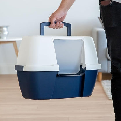 IRIS USA Corner Cat Litter Box - Enclosed Corner Litter Box with Scoop, Hooded Litter Tray for Corners, Space-Saving Covered Litter Box, Odor Defensive, Navy/White