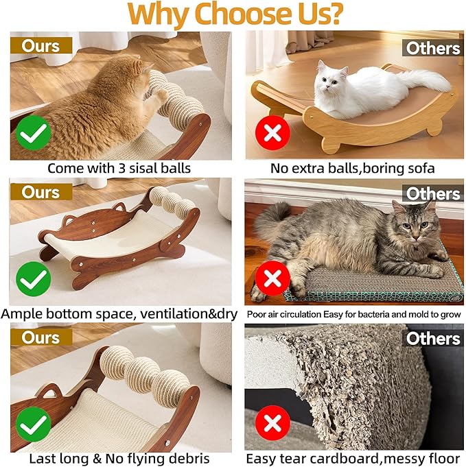 Natural Sisal Cat Scratch Pad with Sisal Cat Scratching Balls, Large Cat Scratcher Bed Hammock Lounge for Scratching Pad, Protects Furniture(Caramel)