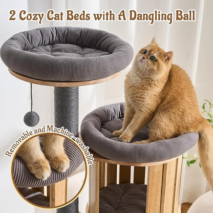 Modern Cat Tree Tower with Scratching Post, 61.5in Tall Cat Tree for Indoor Cats, Multi-Level Solid Wood Cat Furniture with Cozy Cat Beds, Cat Condo, Hammock, Capsule Nest, Turntable Toy, Gray