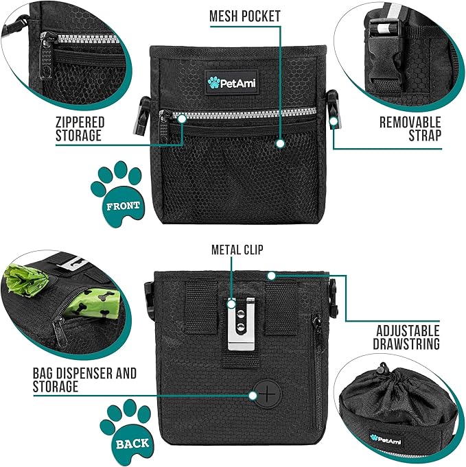 PetAmi Dog Treat Pouch, Pet Treat Pouch For Training, Dog Walking Bag Holder for Kibbles, Pet Food Toy, Dog Trainer Essentials Supplies, Poop Bag Dispenser, 3 Ways to Wear (Black)