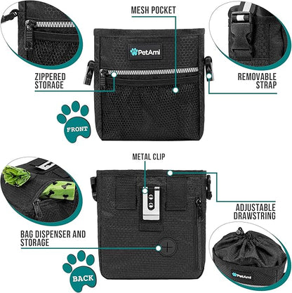 PetAmi Dog Treat Pouch, Pet Treat Pouch For Training, Dog Walking Bag Holder for Kibbles, Pet Food Toy, Dog Trainer Essentials Supplies, Poop Bag Dispenser, 3 Ways to Wear (Black)