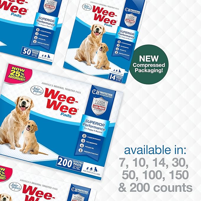 Four Paws Wee-Wee Superior Performance Unscented Pee Pads for Dogs & Puppies, Quilted Leak-Proof Dog Housebreaking Potty Training Floor Protection, 22" x 23", 50 Count