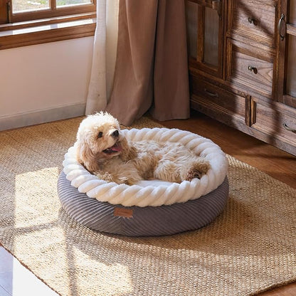 FUKUMARU Dog Bed, Calming Donut Dog Beds, Plush Faux Fur&Corduroy Cat Beds, Cute Round Washable Pet Bed for Large Cats and Small Dogs, Cat Cave with Anti-Slip Bottom, 25inch, Grey