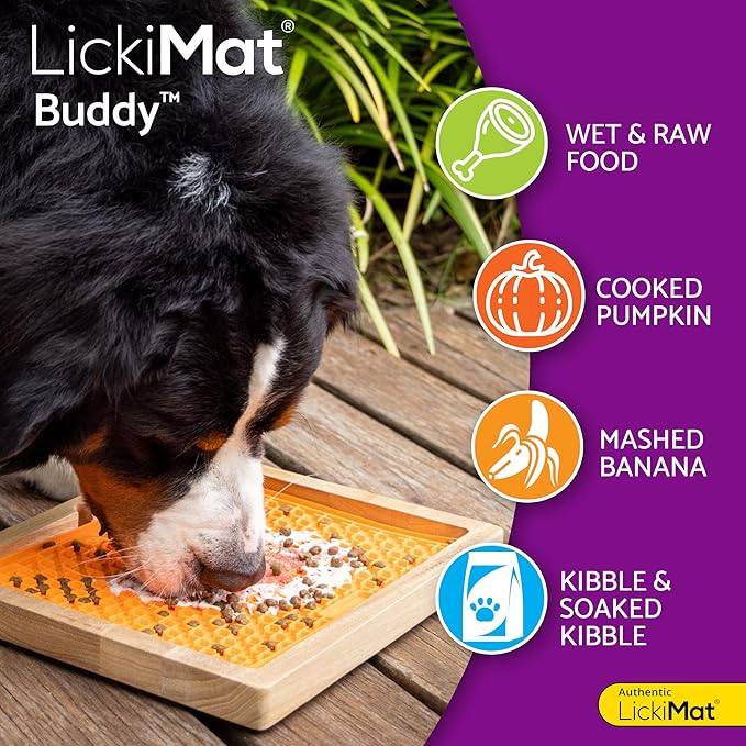 LickiMat 8"X8" Pack of 2 Slow Feeder for Dogs Boredom & Anxiety Reducer for Food Treats Yogurt Peanut Butter Fun Alternative to a Slow Feed Dog Bowl Classic Dog Buddy & Soother (Green & Orange)