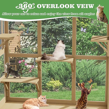 Catio Outdoor Cat Enclosure Window Perch, Expandable Cat Window Box for Multiple Indoor Cats w/4 Platforms & 4 Doors, Patio Kitten House for Sunbathing Overlooking Tunnel Connection (Burlywood)
