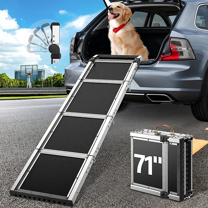 Dog Ramp for (200 lbs), Extra L71” W17” Folding Pet Ramp for Large Dogs 90° Adjustable Head, Outdoor Anti-Slip Foldable Dog Car Ramps for SUV Truck Side Door (5 Folded)