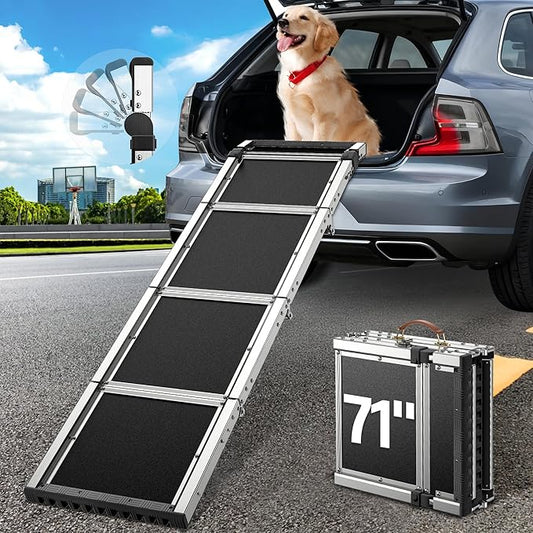 Dog Ramp for (200 lbs), Extra L71” W17” Folding Pet Ramp for Large Dogs 90° Adjustable Head, Outdoor Anti-Slip Foldable Dog Car Ramps for SUV Truck Side Door (5 Folded)