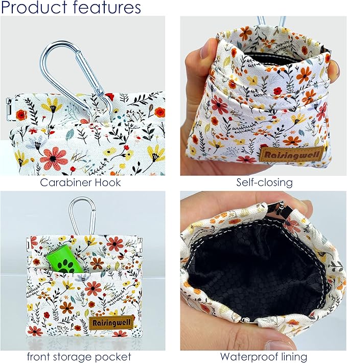Raisingwell Dog Treat Pouch, Small Cotton Pocket Sized Training Holder, Hand Free Walking Funny Bag with Carabiner, Self-Closing Pet Feed Snack Reward, Behavior Aids for Puppy Travel or Outdoor Use