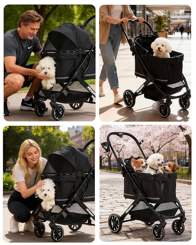 797Audio Dog Stroller for Small Medium Dogs,Pet Stroller for Cats Puppy Up to 121lbs,Foldable,One Click Folding,4 Wheel Shock Absorption,Adjustable Canopy with Sun Shades,Removable Washable Pad(Black)