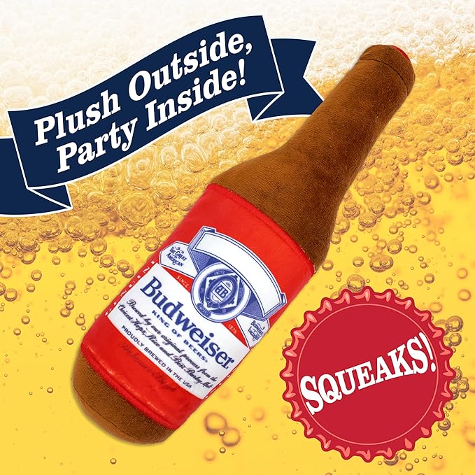 design LAB, Inc. Budweiser Beer Dog Toy | Plush Beer Bottle with Squeaker for Dogs | 12 inch Medium Interactive Dog Toys for Chewing, Fetch, and Fun