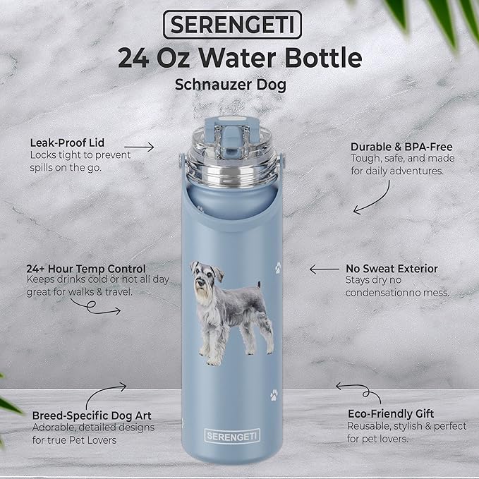SERENGETI 24 Oz Water Bottle Stainless Steel with Spill Proof Lid - Double walled Vacuum Insulated water flask - Realistic 3D Print of your favorite dog (Schnauzer)