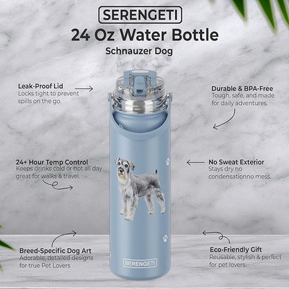 SERENGETI 24 Oz Water Bottle Stainless Steel with Spill Proof Lid - Double walled Vacuum Insulated water flask - Realistic 3D Print of your favorite dog (Schnauzer)