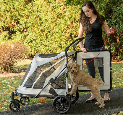 Pet Gear NO-Zip Pet Stroller with Dual Entry, Push Button Zipperless Entry for Single or Multiple Dogs/Cats, Pet Can Easily Walk in/Out, Gel-Filled Tires, Platinum, Expedition