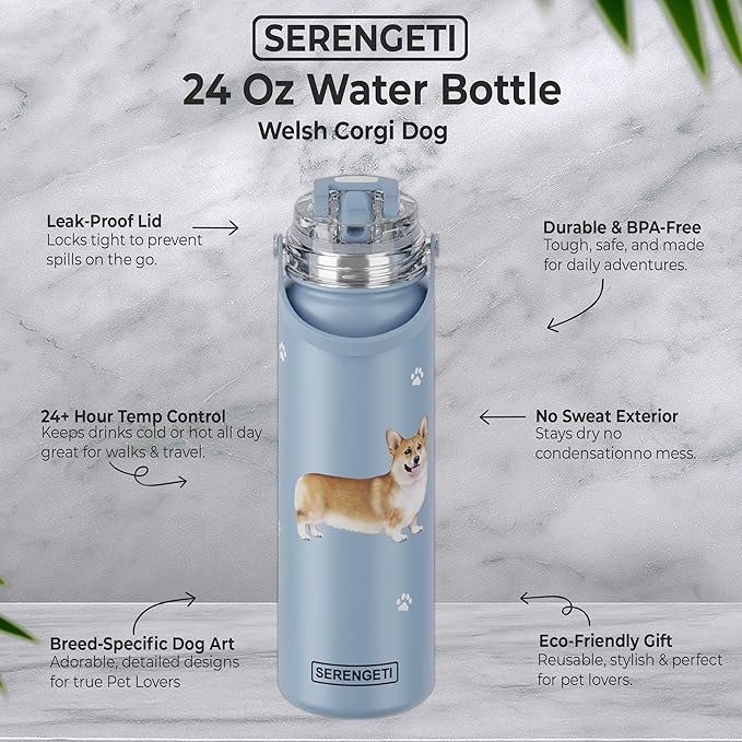 SERENGETI 24 Oz Water Bottle Stainless Steel with Spill Proof Lid - Double walled Vacuum Insulated water flask - Realistic 3D Print of your favorite dog (Welsh Corgi)