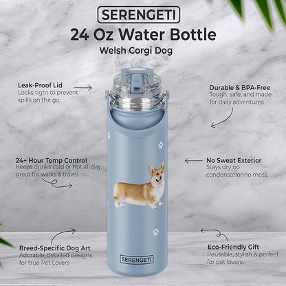 SERENGETI 24 Oz Water Bottle Stainless Steel with Spill Proof Lid - Double walled Vacuum Insulated water flask - Realistic 3D Print of your favorite dog (Welsh Corgi)