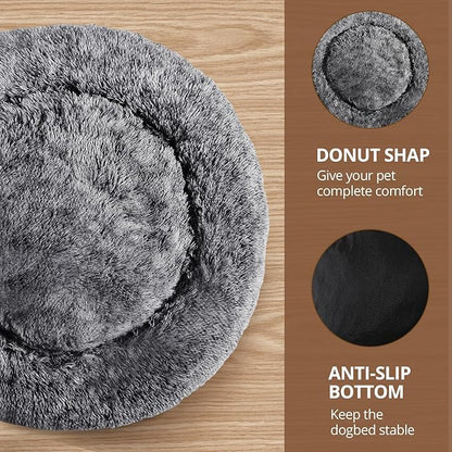 JOLLYVOGUE Calming Small Dog & Cat Bed for Indoor Cats - 20 inches Washable Donut Bed for Kittens & Puppies, Anti-Anxiety Round Fluffy Plush Pet Beds (Fits up to 15 lbs, Smoke Black)
