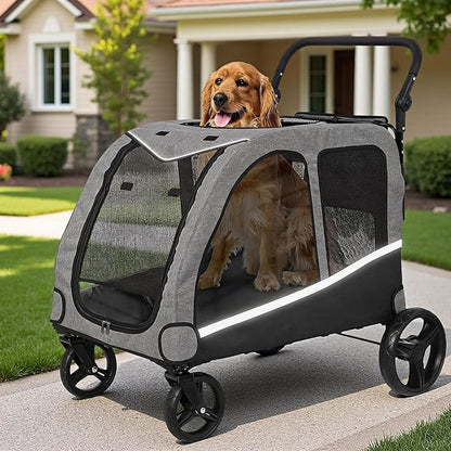 Large Dog Stroller for Medium/Large Dogs up to 130 lbs, Foldable Pet Stroller with 4 Wheels, Adjustable Handle, Heavy Duty Dog Carriage for Senior, Disabled, Injured Pets, Grey