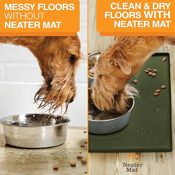 Neater Pet Brands Neater Mat Pet Mats for Food and Water, Cat & Dog Bowl Mat Waterproof Silicone, Feeding Tray, Dog Food Mats for Floors, Placemat w/Raised Edge for Under Bowls, 32" x 24", Olive