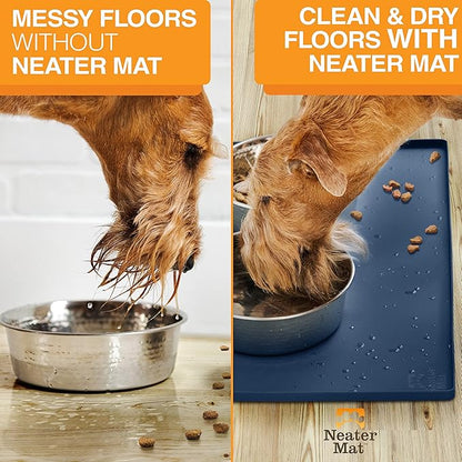 Neater Pet Brands Neater Mat Pet Mats for Food and Water, Cat & Dog Bowl Mat Waterproof Silicone, Feeding Tray, Dog Food Mats for Floors, Placemat w/Raised Edge for Under Bowls, 19” x 12”, Dark Blue