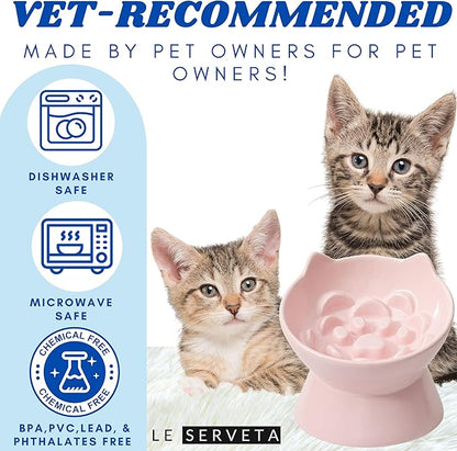 Macarons Series Ceramic Slow Feeder Cat Bowl, Raised Puzzle Feeder, Anti Vomiting Cat Slow Feeding, Elevated Food Bowl, Whisker Friendly Pet Bowl with Cute Ear Design (Pink)