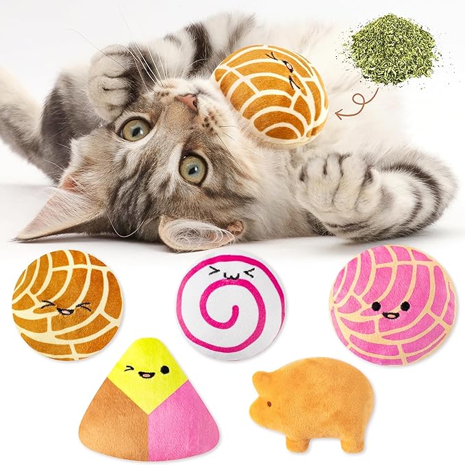 L1rabe Mexican Catnip Stuffed Toys - 5Pcs National Pet Day Mexican Cinco de Mayo Concha Cafecito Pan Dulce Funny Cat Toys for Cat Lovers Gift Indoor Kitten Chew Bite Kick Non-Toxic Pet Supplies Kitten