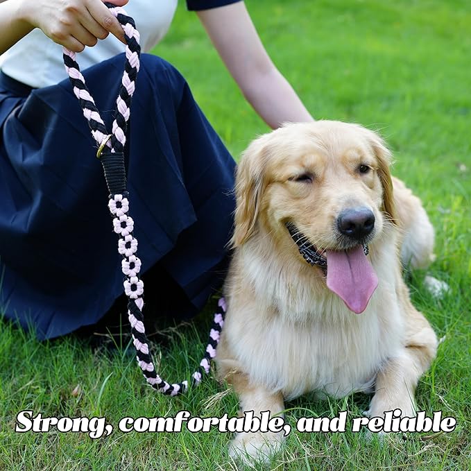 Handmade 5ft Braided Cotton Dog Leash with Unique Floral Handle, Durable and Stylish, Ideal for Small to Large Dogs, Black & Pink Color