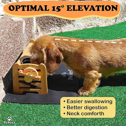 Dog Bowls Elevated Adjustable Height – Bamboo Raised Feeding Stand with Stainless Steel Bowls, for Dogs & Cats, Cat Bowls Elevated, 6 Height Levels, 15° Tilt & Includes Waterproof Feeding Mat