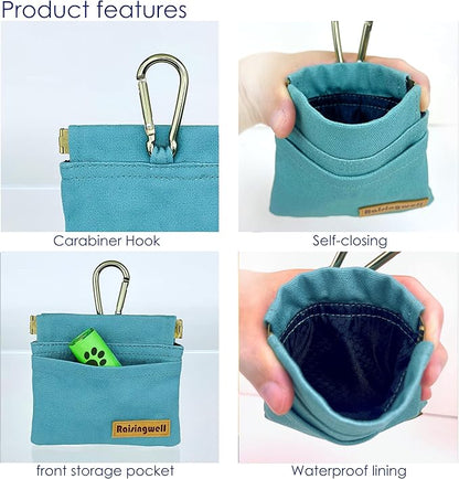 Raisingwell Dog Treat Pouch, Green Pocket Sized Pet Training Pouch, Cotton Fabric, Hand Free Dog Walking Bag with Carabiner, Self-Closing Pet Feed Snack Reward, for Puppy Travel or Outdoor Use