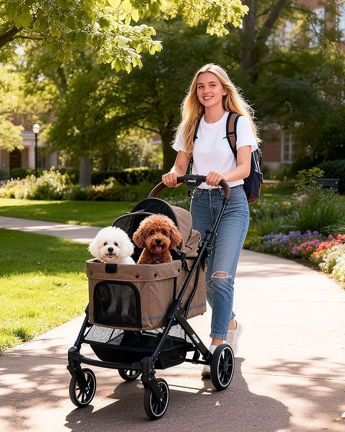 797Audio Dog Stroller for Small Medium Dogs,Pet Stroller for Cats Puppy Up to 121lbs,Foldable,One Click Folding,4 Wheel Shock Absorption,Adjustable Canopy with Sun Shades,Removable Washable Pad(Brown)