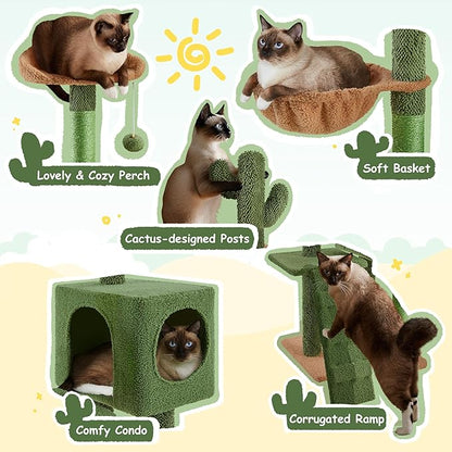 Yaheetech | Cactus Cat Tree | 59.5in Cat Tower w/Cute Perch, Cozy Condo, Convenient Climbing Ladder | Moppy Fabric-Covered Cat House for Indoor Cats | Green/Brown
