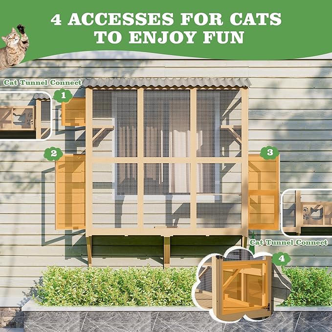 Catio Outdoor Cat Enclosure Window Perch, Expandable Cat Window Box for Multiple Indoor Cats w/4 Platforms & 4 Doors, Patio Kitten House for Sunbathing Overlooking Tunnel Connection (Burlywood)