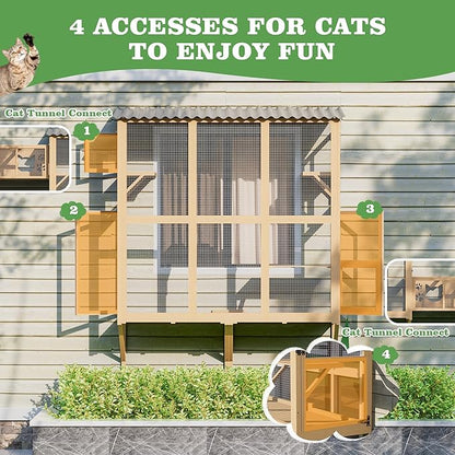 Catio Outdoor Cat Enclosure Window Perch, Expandable Cat Window Box for Multiple Indoor Cats w/4 Platforms & 4 Doors, Patio Kitten House for Sunbathing Overlooking Tunnel Connection (Burlywood)