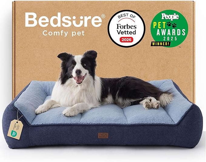 Bedsure SupportMax™ Orthopedic Dog Beds Large Sized Dog - As Seen on TV Extra Thick Supportive Large Dogs Bed with Waterproof Washable Cover, L Plus Comfort Pet Sofa with Soft Sherpa, Navy, 38"