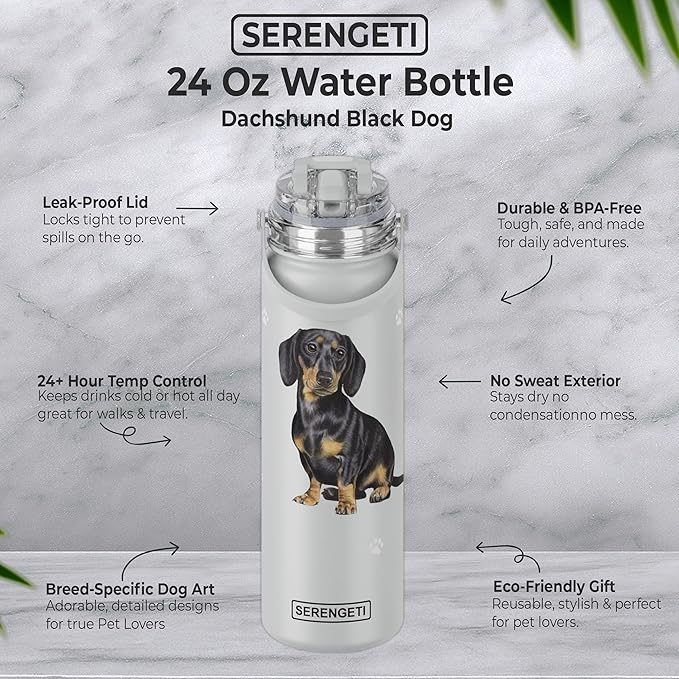 SERENGETI 24 Oz Water Bottle Stainless Steel with Spill Proof Lid - Double walled Vacuum Insulated water flask - Realistic 3D Print of your favorite dog (Dachshund Black)
