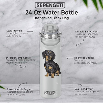 SERENGETI 24 Oz Water Bottle Stainless Steel with Spill Proof Lid - Double walled Vacuum Insulated water flask - Realistic 3D Print of your favorite dog (Dachshund Black)