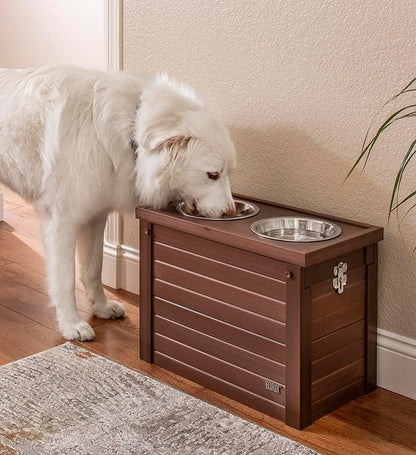 New Age Pet ECOFLEX Piedmont Fixed Height Elevated Dog Feeder in Brown, Two Bowl Design, Sliding Lid Storage, 32 oz Bowls, Space Efficient, 15-20 lbs Food Storage, Easy Clean