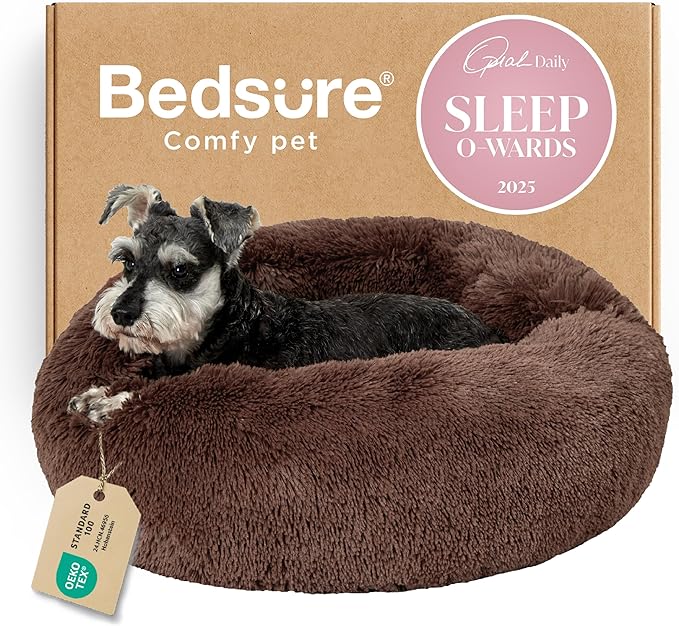 Bedsure Calming Dog Bed for Small Medium Dogs - Donut Washable Medium Pet Bed, 27 inches Anti-Slip Round Fluffy Plush Faux Fur Cat Bed, Coffee