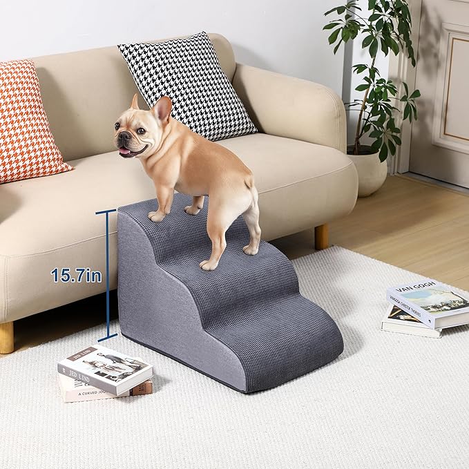 Dog Stairs for Small Dogs 15.7” H, 3-Step Pet Ramp with High-Density Foam, Non-Slip Soft Cover, Dog Steps for Bed, Couch or Sofa, Gray